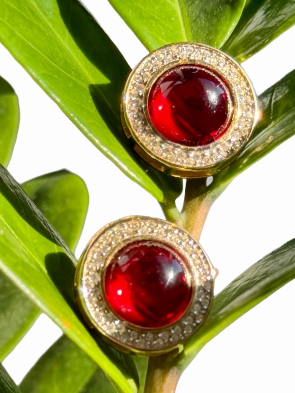 Vintage Swarovski Ruby Red Cabochon/Pavé Crystal Gold Pierced Earrings Edelweiss